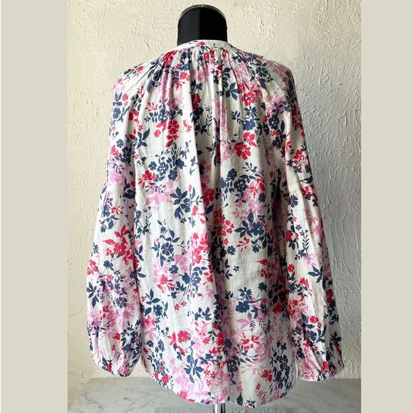 Gap Peasant Blouse Floral White Pink Red Blue V-Neck Pullover Top - Women's M - Picture 5 of 7